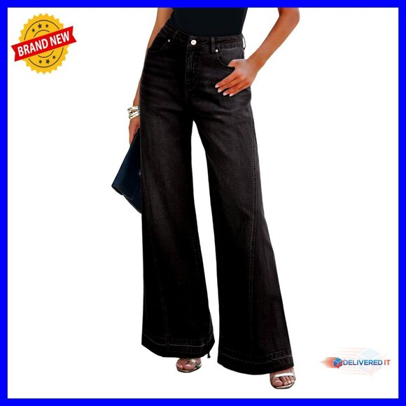 Denim - High Waisted Wide Leg Denim Pants Casual Flare Jeans Raw Hem Y2K Chic
